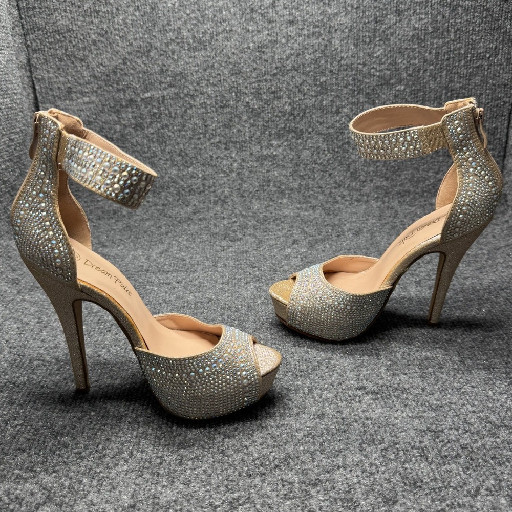 Dream Pairs Swan-05 Womens 5 Gold Rhinestone Stiletto Platform Ankle Strap Heels